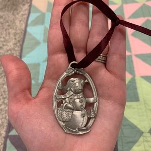 Vintage 1999 Oval Pewter Snowman Longaberger Ornament on Ribbon